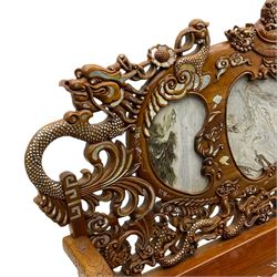 Chinese hardwood three-seat sofa, shaped back inset with three grey marble panels, decorated with carved dragons and birds with flower heads, inlaid with mother of pearl, the seat panel decorated with trailing foliage, flowers and birds inlay, on ball and claw carved cabriole feet united by stretchers