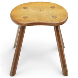 Lizardman - oak milking stool, shaped top with four octagonal supports with carved lizard signature by Derek Slater of Crayke