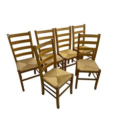 Set six beech ladder back dining chairs with rush seats