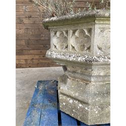 Large gothic design octagonal cast stone centre-piece urn olanter, quatrefoil decoration 
