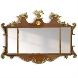George III Chippendale design mahogany and parcel-gilt tripartite fret mirror with Hoho bi...