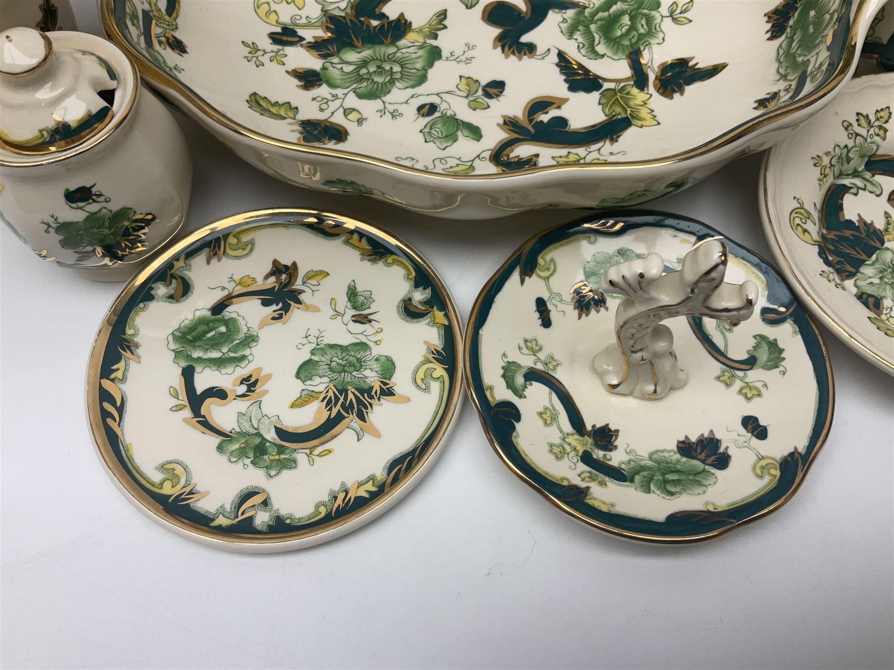 Collection of Masons Ironstone Chartreuse pattern, to include clock, six teacups, twin handled dish, ring dish, plates vases, etc, many with original boxes, clock H24cm 