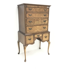 Queen Anne style walnut chest on stand, seven graduating drawers, shell carved cabriole legs, W84cm, H149cm, D55cm