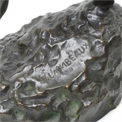 After Jef Lambeaux (Belgian 1852-1908): 'The Wrestlers' (Les Lutteurs), early 20th-century bronze group depicting two Hellenic classically nude male figures engaged in a violent athletic struggle or pankration event, on a naturalistic base signed, H63cm
Notes: the composition may plausibly be interpreted as Hercules and Antaeus, the mythological combat in which Hercules overcomes Antaeus by lifting him from the earth, thereby depriving him of his strength
