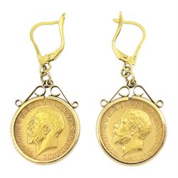 Pair of George V 1912 gold half sovereign coins, loose mounted in 9ct gold pendant earrings