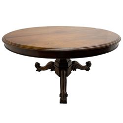 Early Victorian mahogany breakfast table, circular top with banded edge, raised on octagonal pedestal base with three scrolled cabriole supports with foliate moulding, terminating in stepped square feet and brass castors