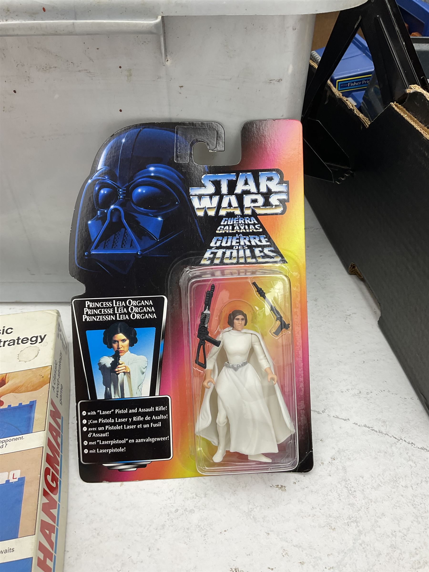 Pelham Puppet Police man with box, Star Wars Princess Leia figure by Kenner, boxed, Matchbox ‘Carguantua Monster of the Freeways’ playset, Bandai lazer tank, both boxed, Tonka trucks and other toys etc