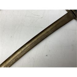 French Model 1866 sabre bayonet with 57cm fullered steel curving blade; in steel scabbard L71cm overall; another Model 1866 sabre bayonet lacking scabbard; and British Pattern 1856 sword bayonet (no scabbard) (3)