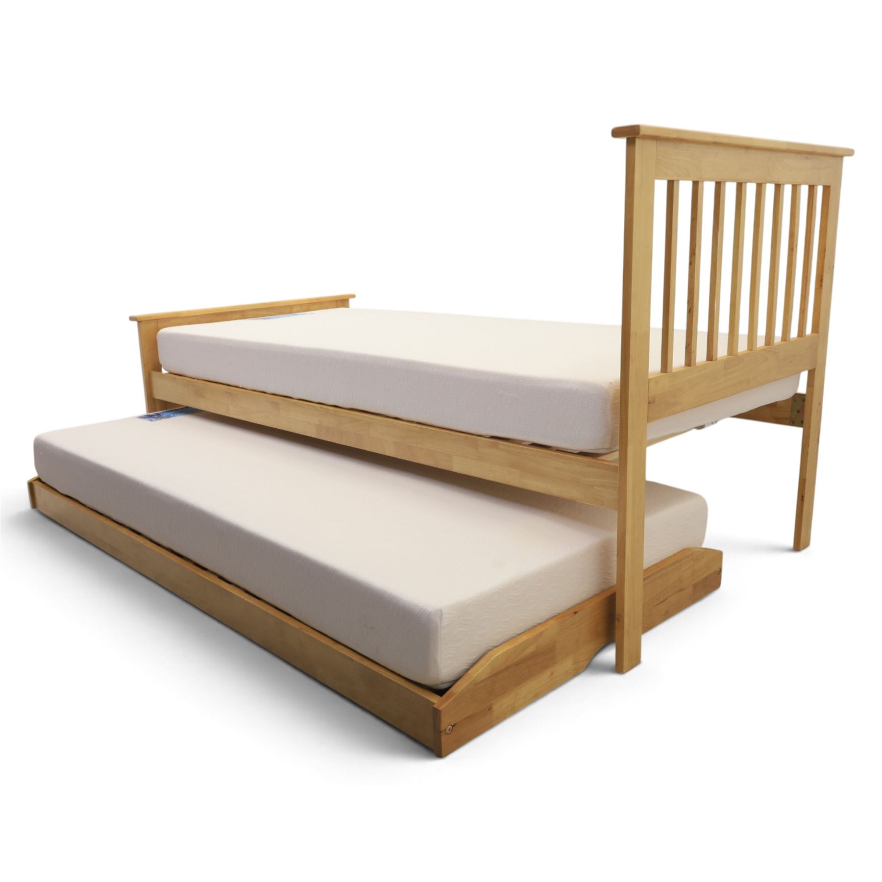 Contemporary light oak trundle bed, slatted headboard and footboard,  incorporating pull-out trundle bed on castors, complete with two memory foam mattresses