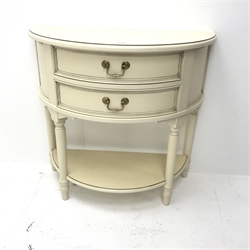 Laura Ashley demi-lune console side table, two drawers, turned tapering supports joined by single undertier, W86cm, H80cm, D40cm