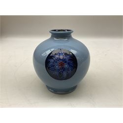 Moorcroft Blue Flames pattern vase, based on the early Flaminian ware design of 1906 to 1913, decorated with roundels of stylised flowers and foliage, by Emma Bossons, dated 2013, with various impressed and stamped marks beneath, H11cm
