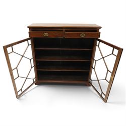 Late 19th century mahogany bookcase, fitted with two drawers over twin astragal glazed doors, enclosing three adjustable shelves, on bracket feet