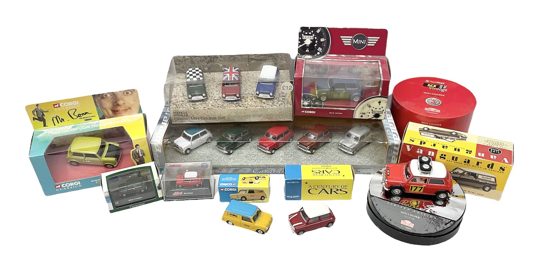 Various makers die-cast Mini cars - Cararama set of five; TechniToys SCX Vintage limited edition Mini Cooper; M&S Mini Cooper set; various Corgi including Mr. Bean; Vanguards Austin Seven mini van etc; all boxed (10)