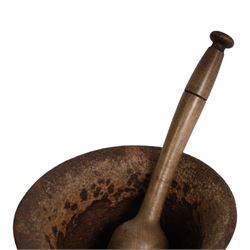 Early 19th century cast iron mortar, with turned wooden pestle, mortar H18, D23cm 