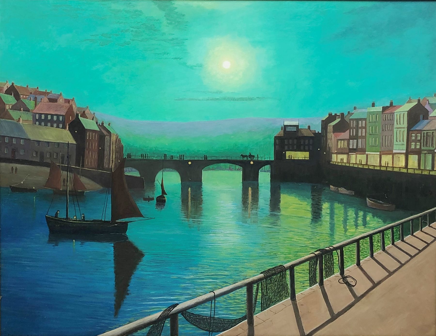 After John Atkinson Grimshaw (British 1836-1893): Whitby Harbour by Moonlight, late 20th century oil on board unsigned 60cm x 78cm