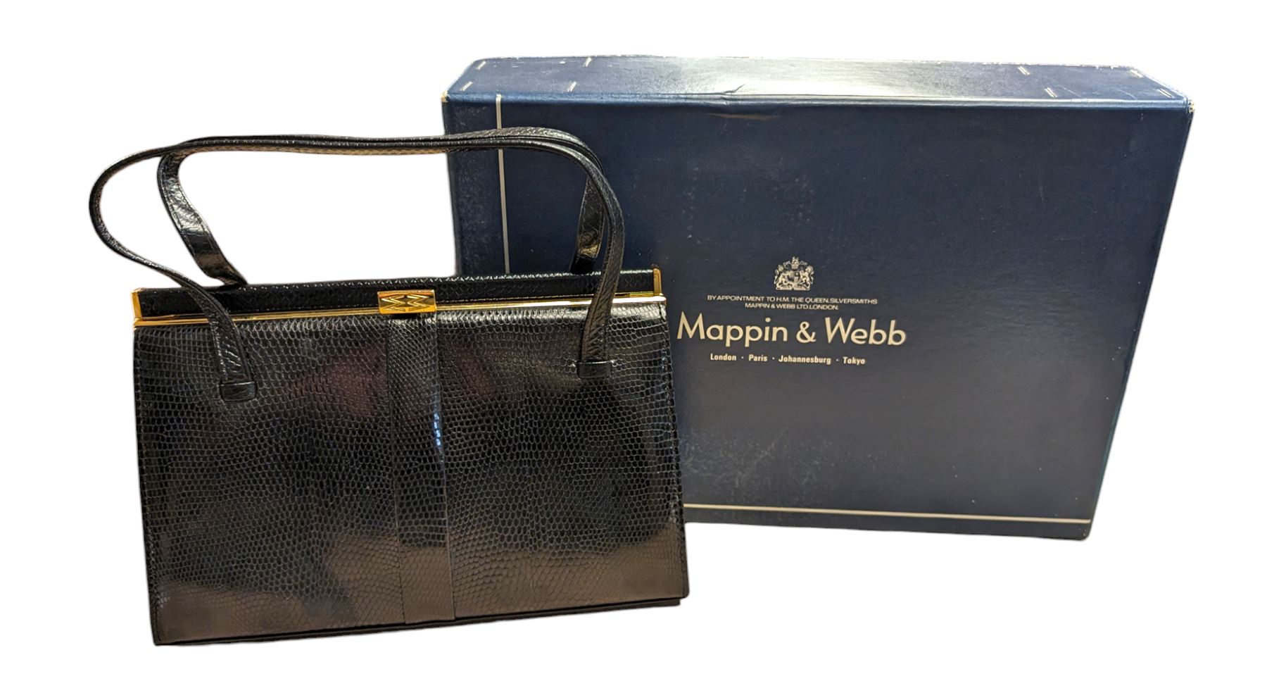 Vintage Mappin & Webb black lizard skin handbag and matching wallet, boxed