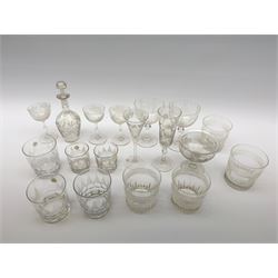 A number of Victorian tumblers and Edwardian drinking glasses, together with a large quantity of other later glassware, to include a glass table lamp base, drinking glasses of various forms, a number with cut decoration, other assorted cut glass including jug, vases, jars and covers, etc. 
