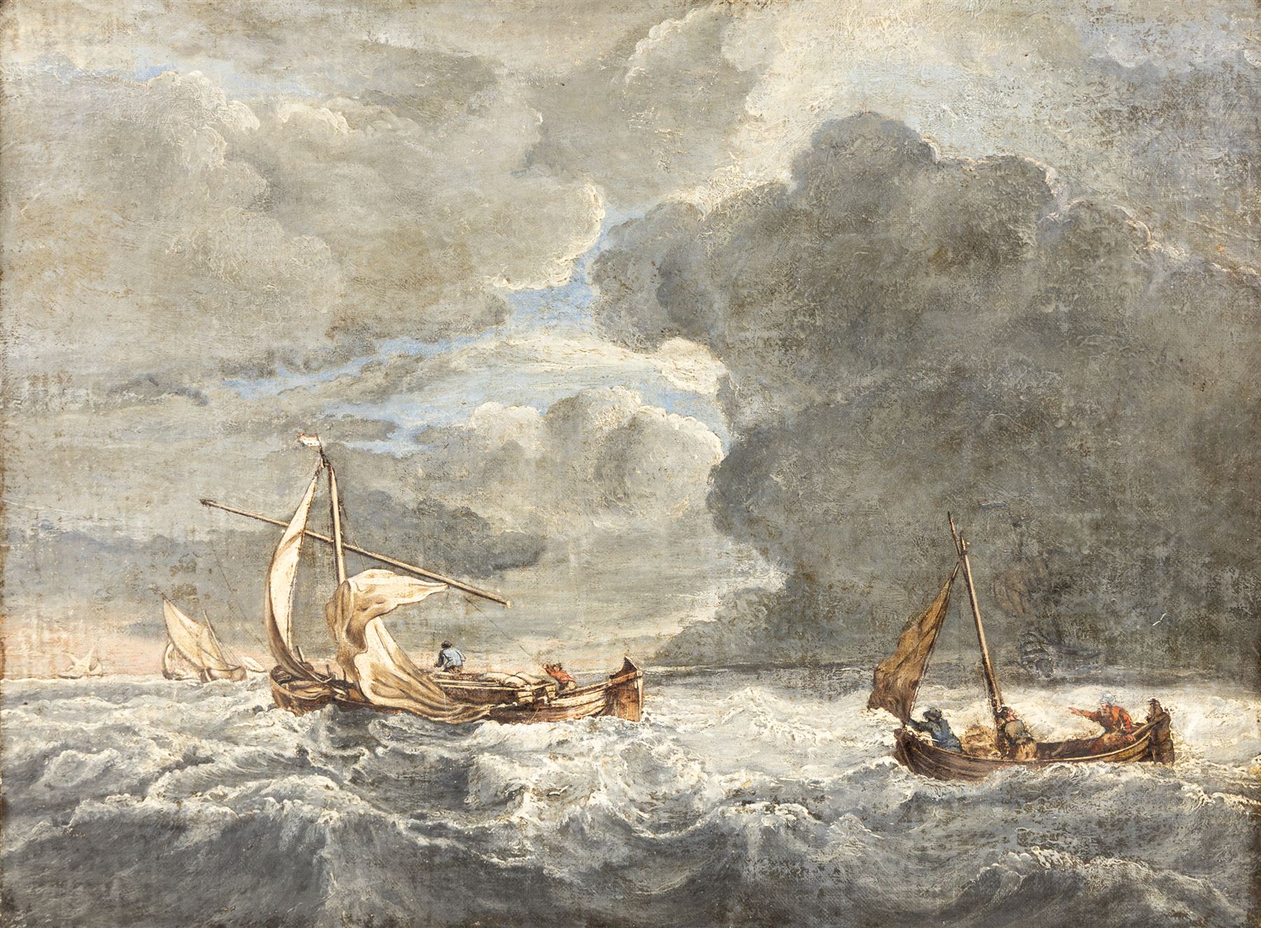 Dutch School (18th Century): Sailing Boats Caught in a Storm, oil on canvas unsigned 29cm x 39cm 