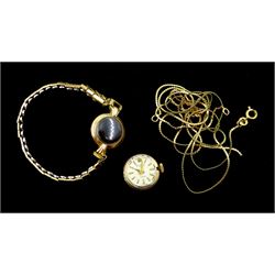 Rodania 9ct gold ladies wristwatch, on gilt bracelet and 9ct gold chains, stamped or hallmarked 