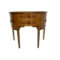 Regency design inlaid mahogany demi-lune side cabinet, reeded edge, fitted with two cock-beaded drawers flanked by two single cupboards with banded facias, raised on square tapering supports