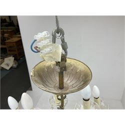 Victorian style glass eight branch chandelier, with drip trays, brass tone support, and drops