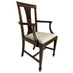 Set of four (2+2_ Edwardian inlaid mahogany dining chairs, cresting rail with satinwood banding, pierced splat backs with central inlay, drop-in seats upholstered in foliate patterned ivory fabric, raised on square tapering supports terminating in spade feet