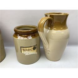 Quantity of salt glazed stoneware flagons, two tone jars and jug etc, to include some with impressed marks and labels, largest H26cm