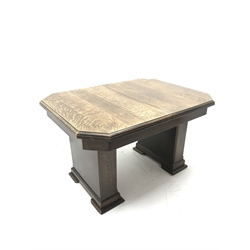 'The Celerity Patent' - Early 20th century oak extending dining table, canted rectangular moulded top with foldout leaf, on two rectangular box supports, 91cm x 122cm - 167cm, H74cm