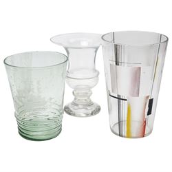 *Collection of hand blown and contemporary decorative glassware examples, to include a set of twelve etched glass ice plates, large trumpet shaped vase with shaped floral decoration, decanter with devil motif, etc
From the Kirkham Hall Attic & Cellar Collection, sold without reserve