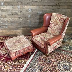 Tetrad Eastwood Wingback Leather Kilim Armchairs Brown with footstool,