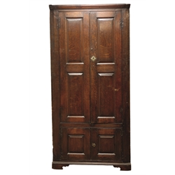  George III oak standing corner cupboard, with moulded cornice above two long and two short fielded panel doors, W99cm, D45cm, H210cm  