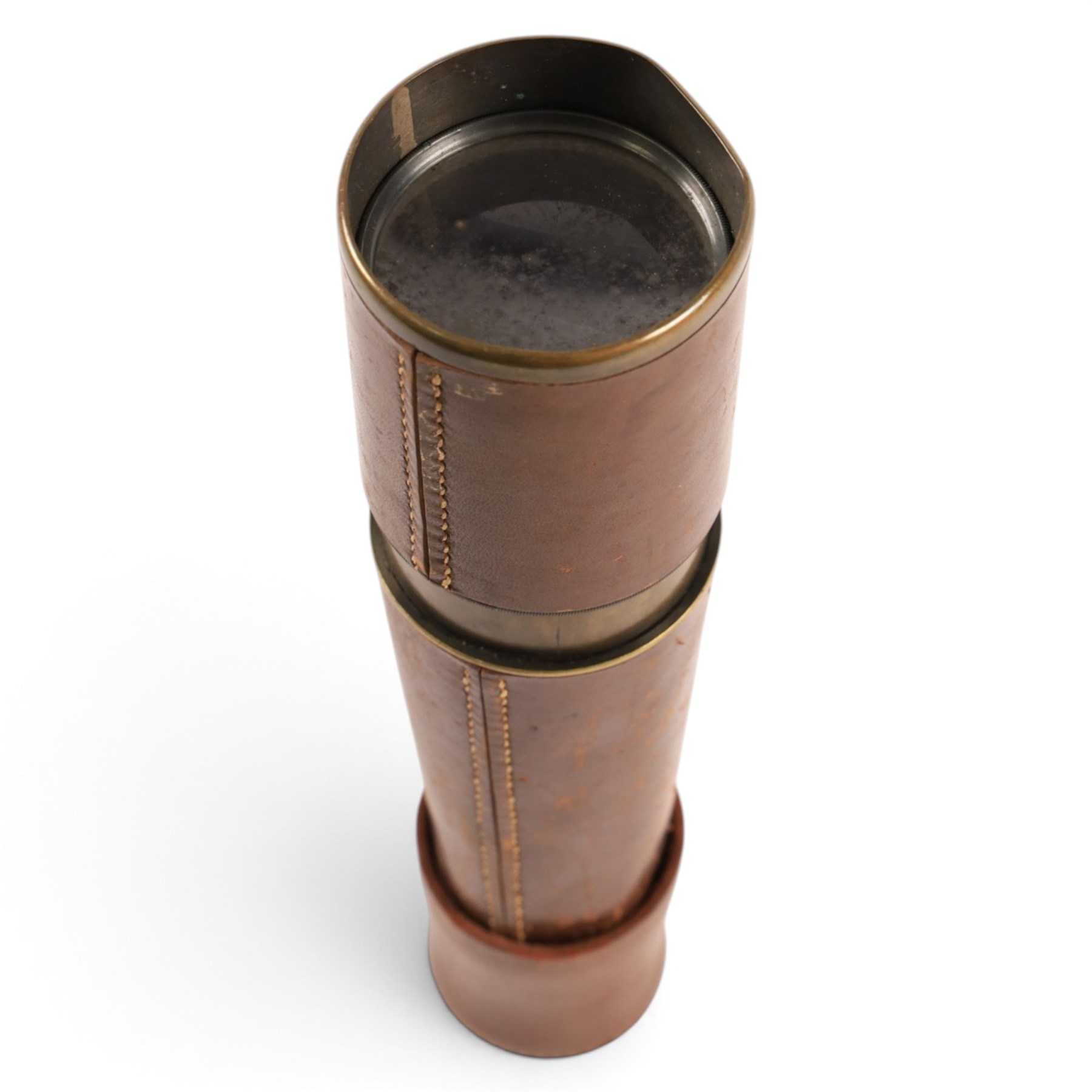 Early 20th century leather-bound three draw brass telescope by Broadhurst Clarkson & Co, 63 Farringdon Road London, full length L77cm