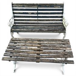 White painted cast iron slatted garden bench with 110cm wide rectangular coffee table