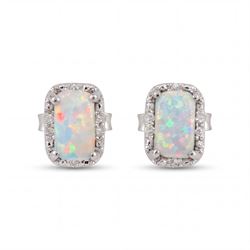 Pair of 9ct white gold opal and diamond stud earrings, stamped 375