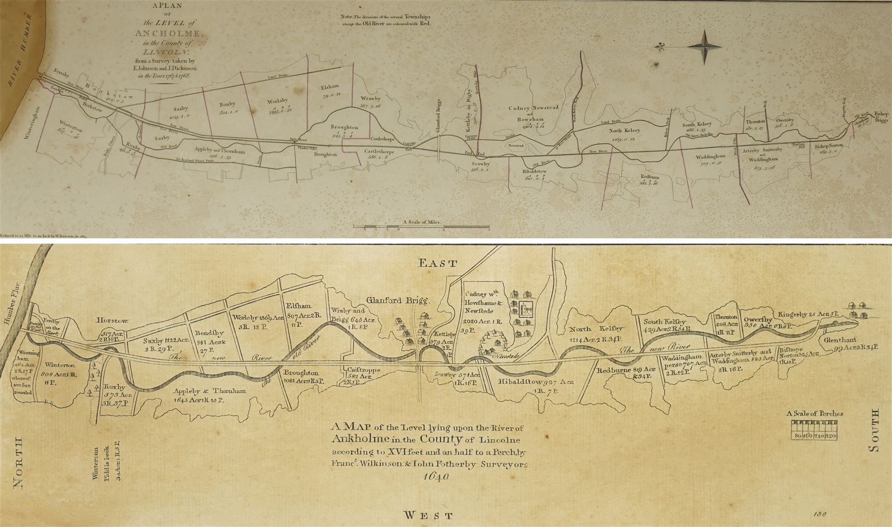 W Rawson (British Early 19th century) after John Cary (British 1754-1835): 'A Plan of the Level of Ancholme in the County of Lincoln', engraved map reduced to a scale of 1/4 mile to an inch from the 1767–8 survey by E Johnson and J Dickinson, pub. 1815, 20cm x 66cm; Francis Wilkinson & John Fotherby (British 17th century): 'A Map of the Level lying upon the River of Ancholme in the County of Lincoln, 17th century engraved map pub. Dugdale's 'History of Imbanking and Draining' c.1640, 15cm x 40cm (2) (unframed)
