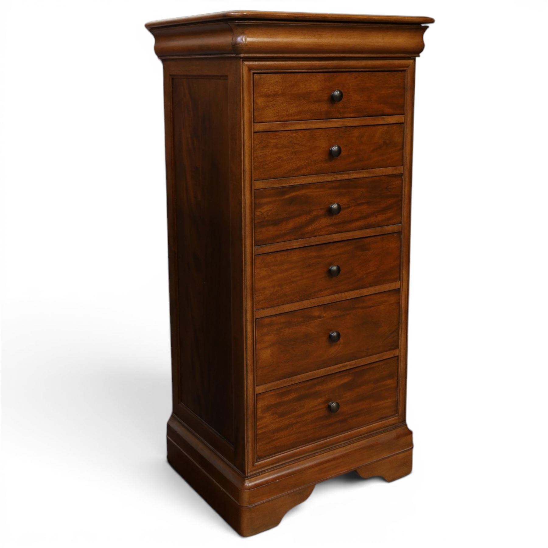 Willis & Gambier - mahogany tall chest, rectangular chamfered top, with frieze drawer with blue baize lining, over six graduating drawers with black pulls, raised on bracket feet