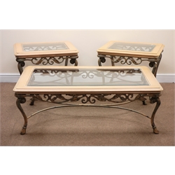  Ornate wrought metal rectangular coffee table, bevel edge glass top in painted timber frame, cabriole legs joined by arched stretchers on hoof feet (W132cm, H45cm, D76cm) and a pair matching lamp table (W72cm, H57cm, D61cm) (3)  