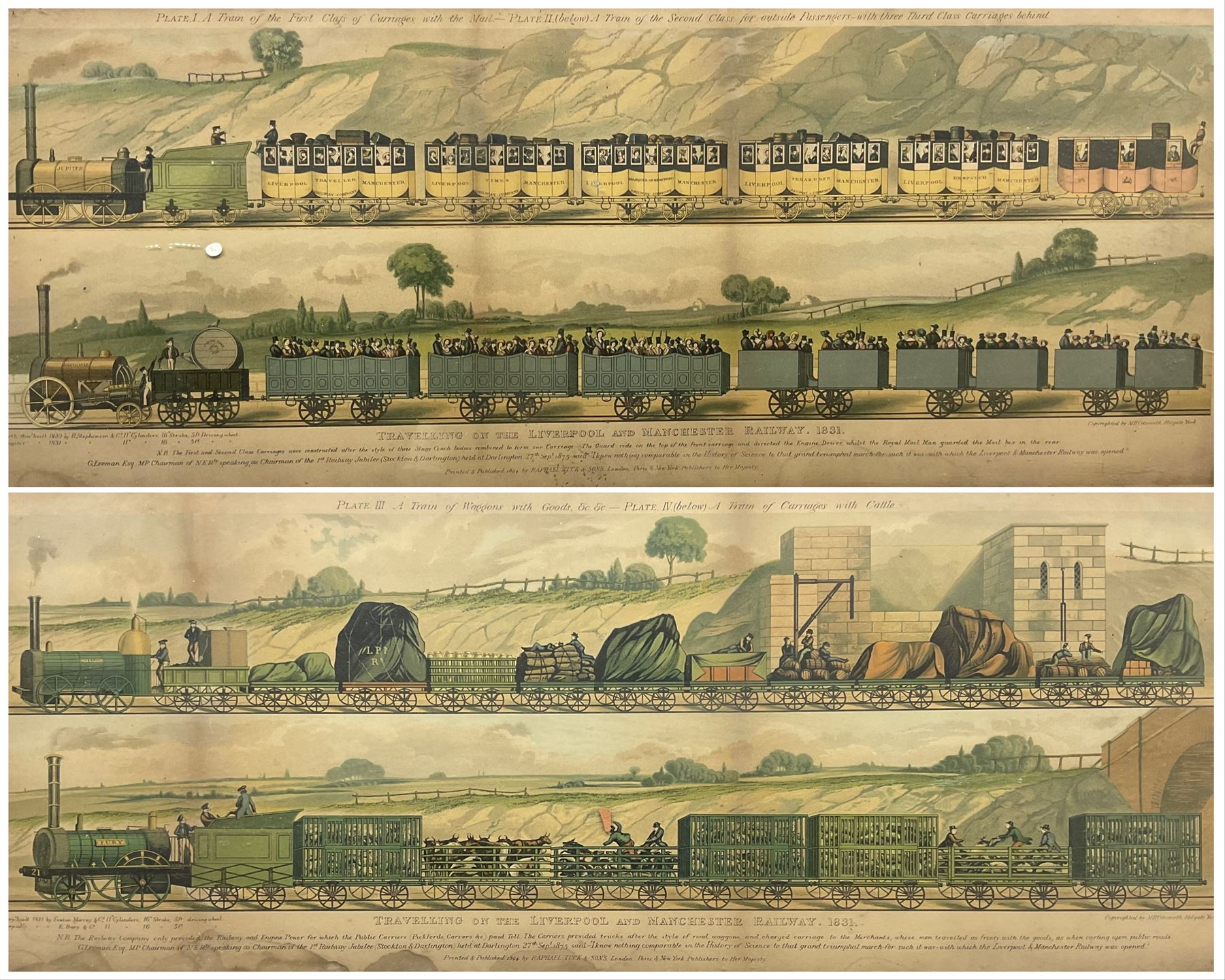 After Moses Bruin Cotsworth (British 1859–1943): 'Travelling on the Liverpool and Manchester Railway - 1831' Plates I & III, pair colour lithographs pub. Raphael Tuck & Sons 1894, 24cm x 62cm