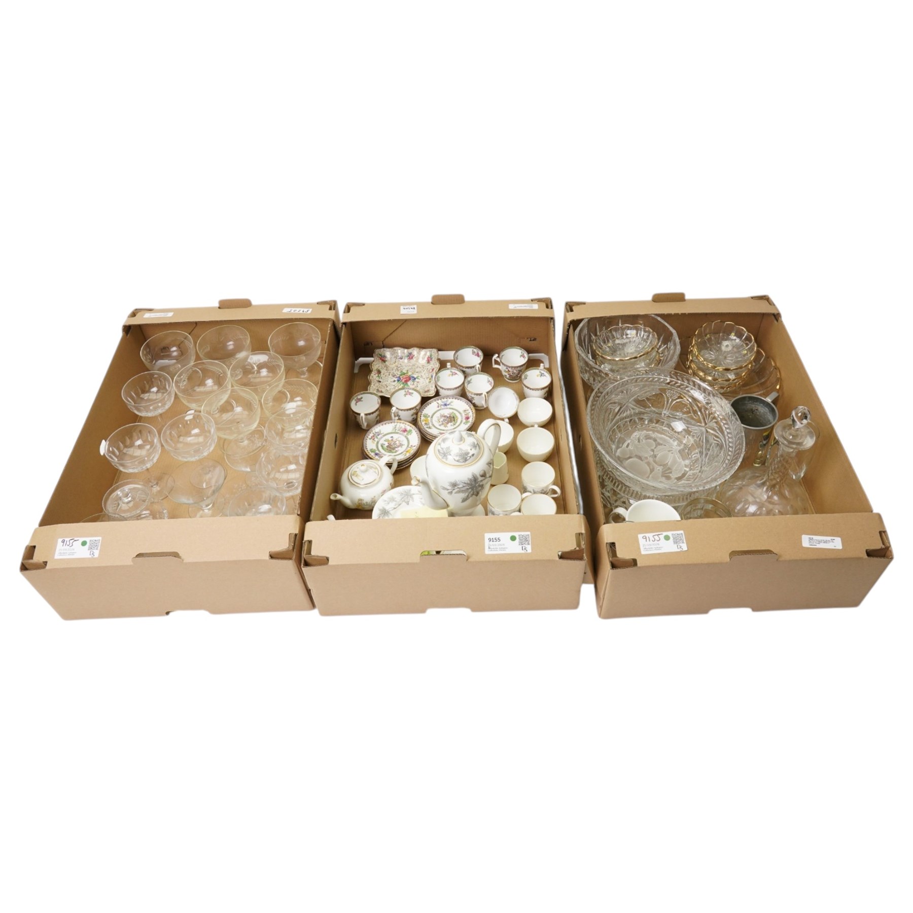 Copeland Spode for Harrods 'Old Bow' cups and saucers, Wedgwood 'Ashford' bone china coffee set and a various collection of glassware, decanter, trifle bowls, tea set, etc. Contents in three boxes 