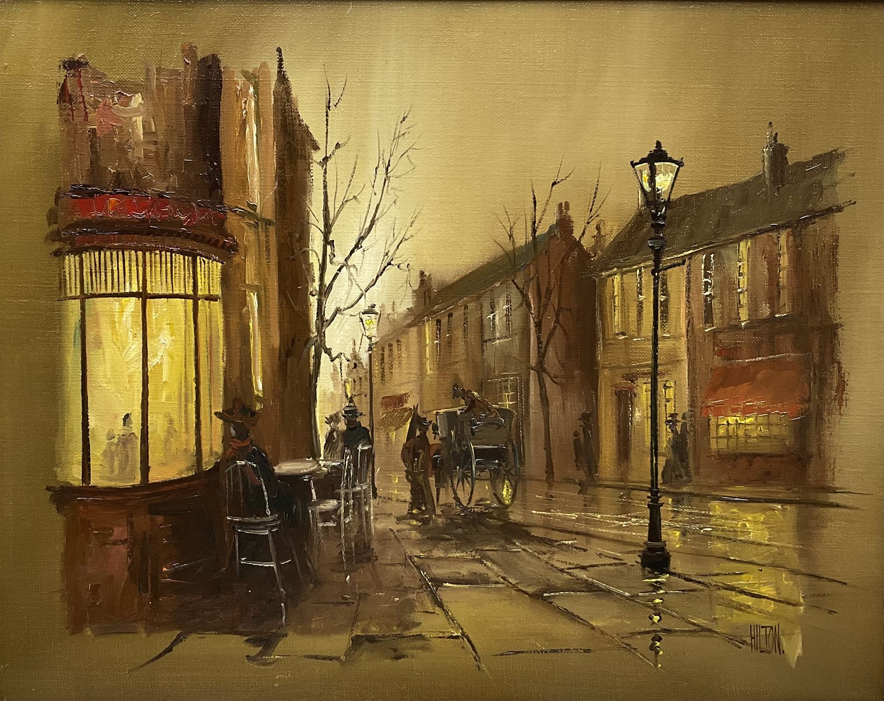 Barry Hilton (British 1941-): Nighttime Street Scene with Horse and Cart, oil on canvas signed 59cm x 74cm