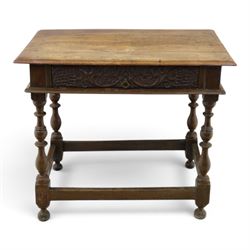 18th century oak lowboy, rectangular top with moulded edge, fitted with single frieze draw...