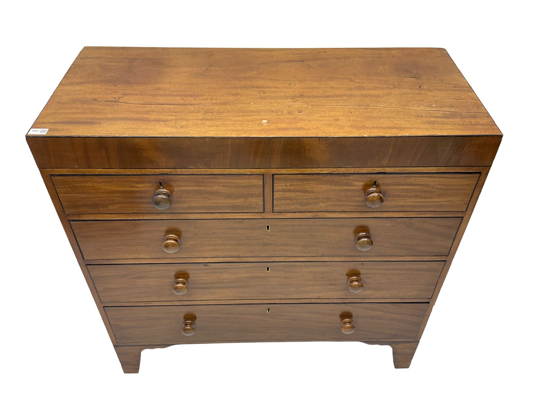 19th century straight-front chest, rectangular top with ebony strung edge, crossbanded frieze over two short and three long graduating drawers with ebony stringing, raised on bracket feet