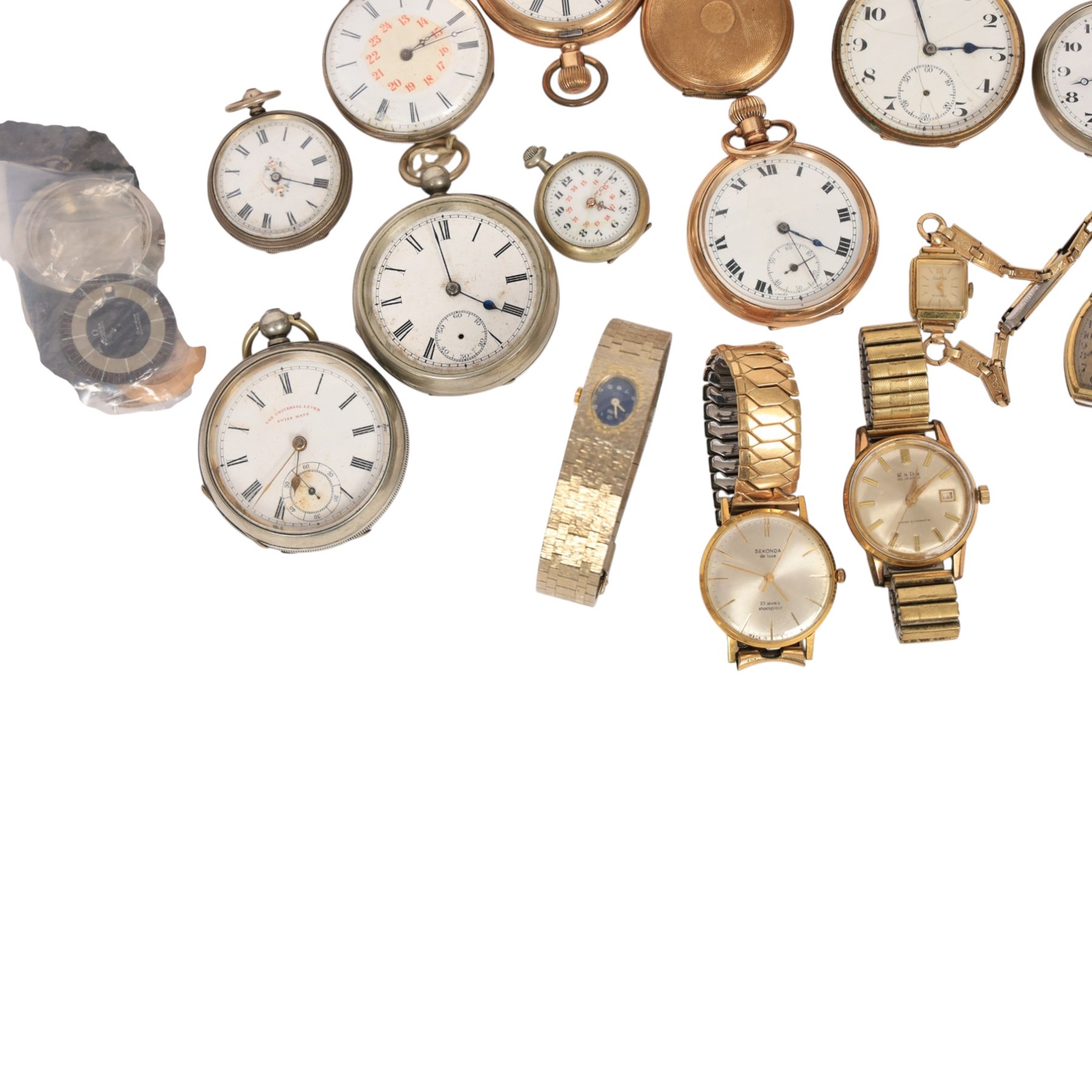Omega De Ville Dynamic dial, Omega case and movement parts and watch strap buckle, collection of gold-plated and nickle pocket watches including Waltham Traveller half hunter and other wristwatches