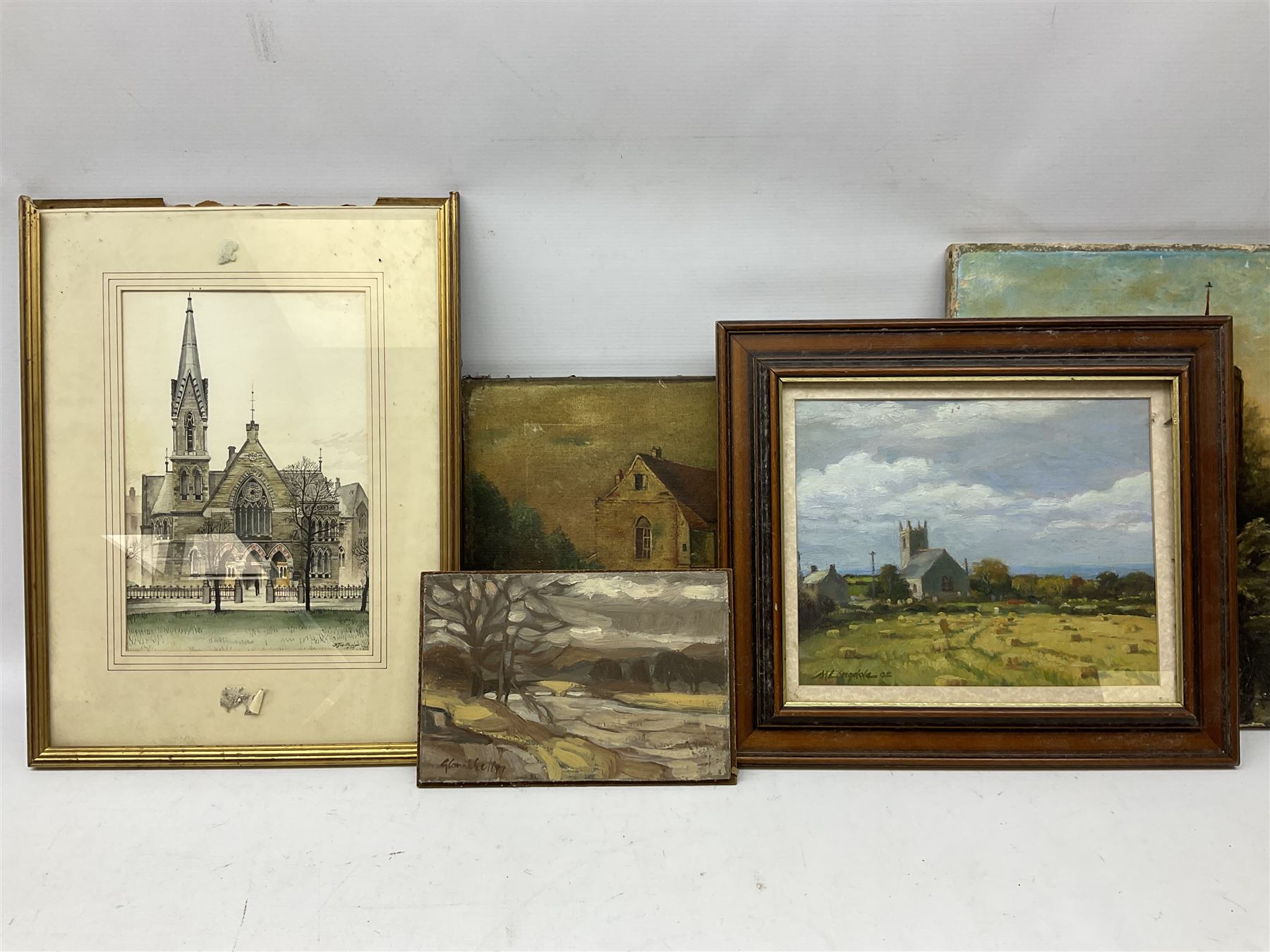 J M Oldroyd (British 19th century): Church with Figure, oil on canvas signed and dated 1894; Michael Langdale (British 20th century): 'Morvah Church', oil on canvas signed and dated '92 together with another 19th century oil of a similar subject and three further pictures of churches max 28cm x 38cm (6)