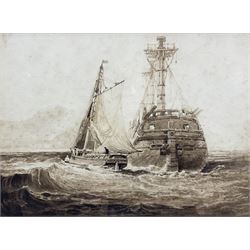 Attrib. Samuel Prout (British 1783-1852): 'The Indiaman and Thames Sailing Barge', monochrome wash possible signature lower right, titled verso 24cm x 33cm