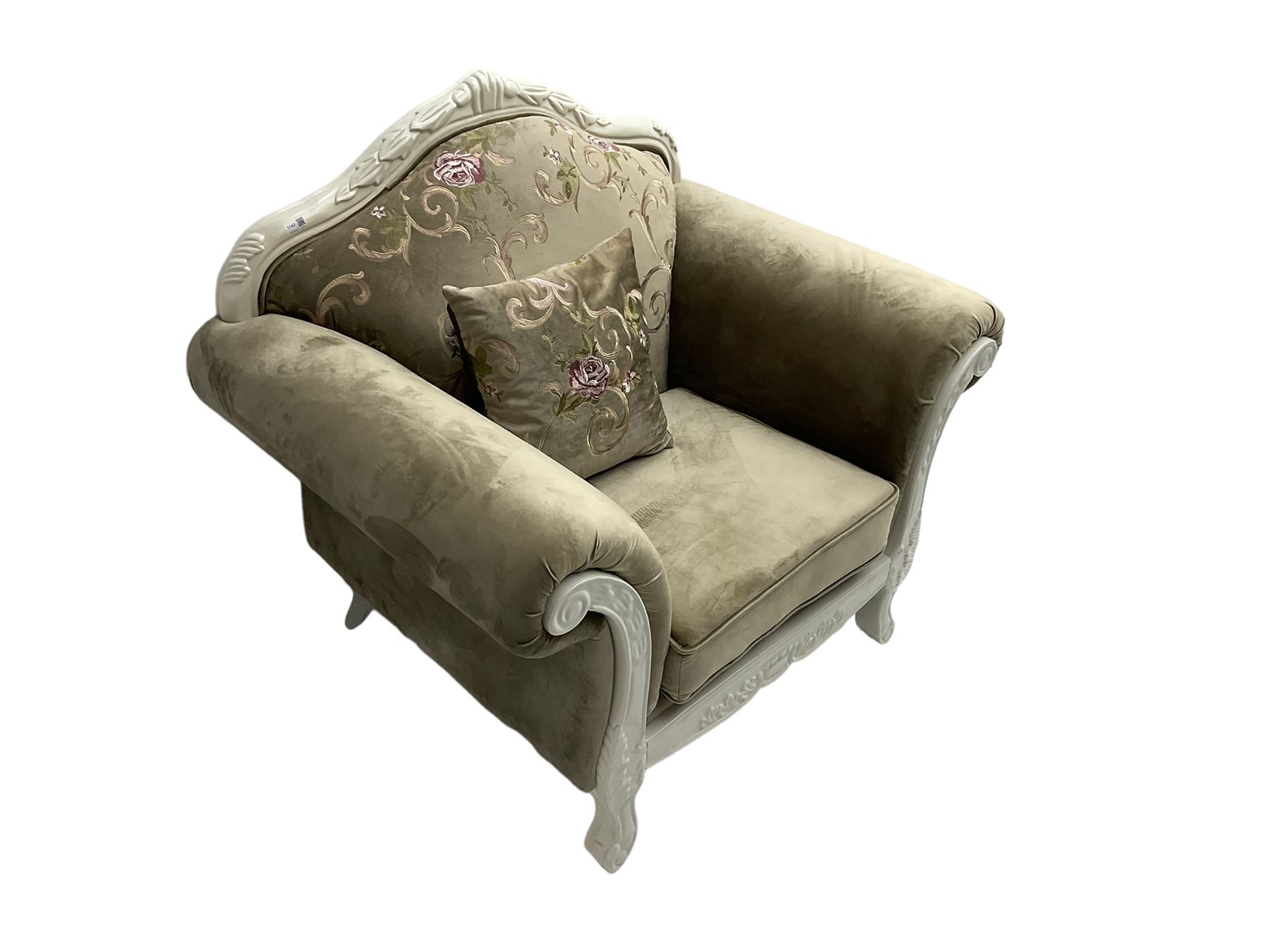 French style white finish armchair, upholstered in grey fabric with scrolling floral pattern, the frame decorated with leaf motifs 