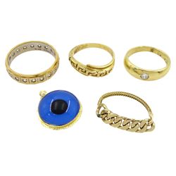 14ct gold mounted Evil Eye pendant, 18ct gold gypsy set single stone diamond ring, 18ct gold stone set full eternity ring and two 14ct gold rings