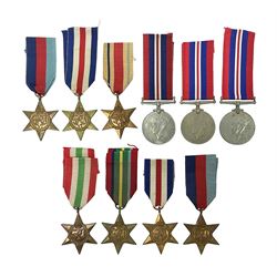 Ten WWII medals comprising three 1939-1945 Medals, two 1939-1945 Stars, two France & Germany Stars, Africa Star, Pacific Star and Italy Star; all with ribbons (10)