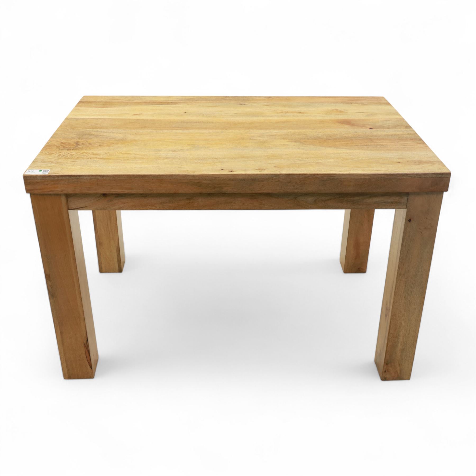 Contemporary oak dining suite, comprising rectangular table with solid top and square legs, together with four brown leather upholstered dining chairs with oak legs (5)