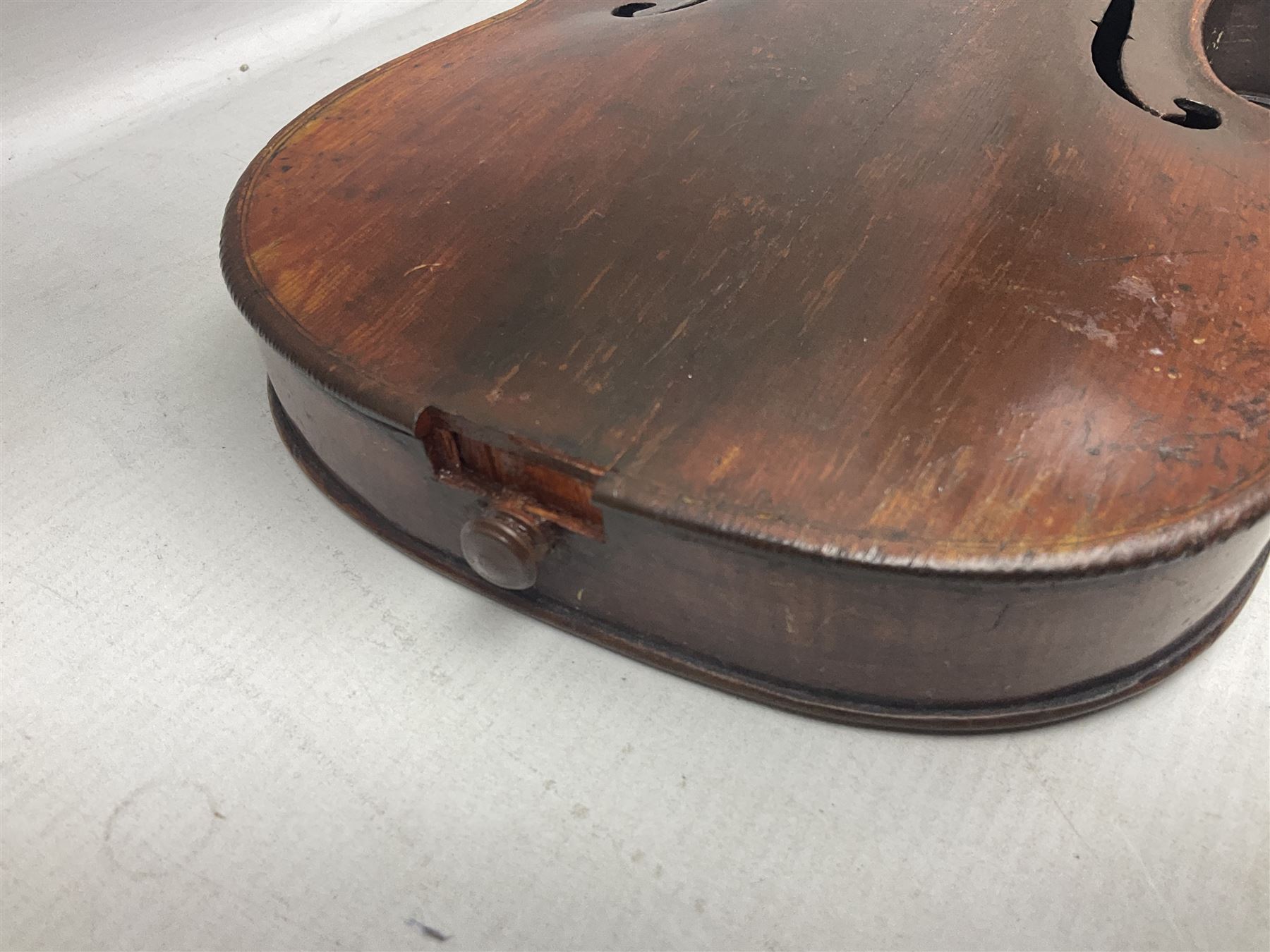 Incomplete amateur made violin c1880 for restoration and completion with 36.5cm one-piece maple back and ribs and spruce top L59.5cm; together with two brazilwood violin bows and pernambuco cello bow, all with nickel mounts (4)